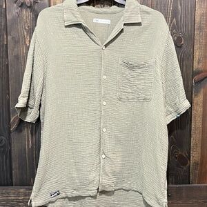 Zara Denim Wear Washed‎ Texture Shirt L Green Gauzy Stretch Button Up Neutral